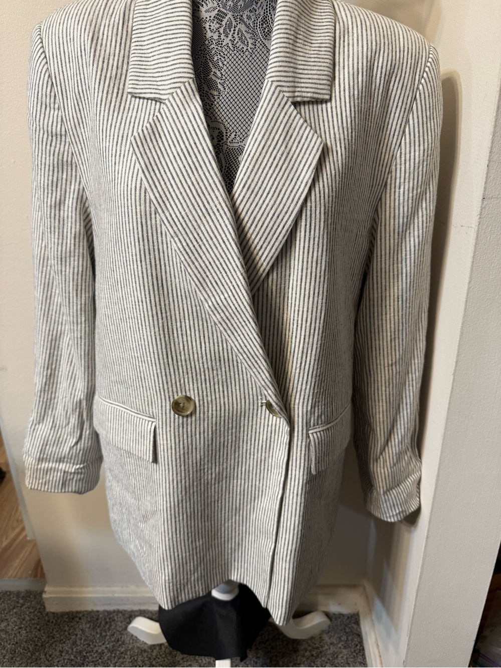Old Navy Womens Small Linen Blend double breasted Blazer Navy White Stripe